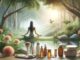 Illustrazione che rappresenta il Mindful Beauty, con una donna di spalle mentre medita nella natura e alcuni prodotti cosmetici in primo piano