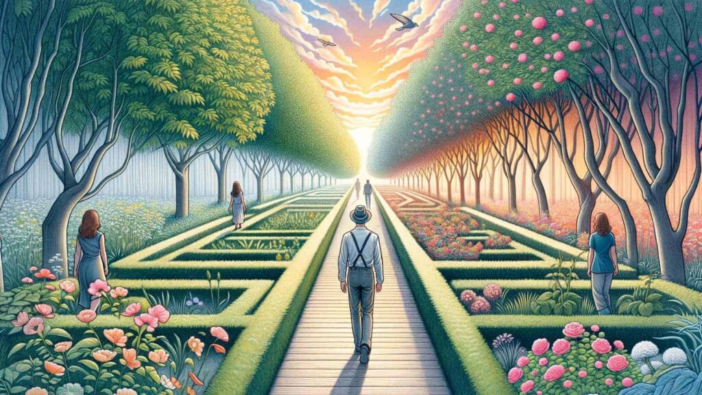 illustrazione che rappresenta come stabilire i confini personali: una persona cammina al centro di una strada e le altre si trovano ognuna nel suo giardino personale